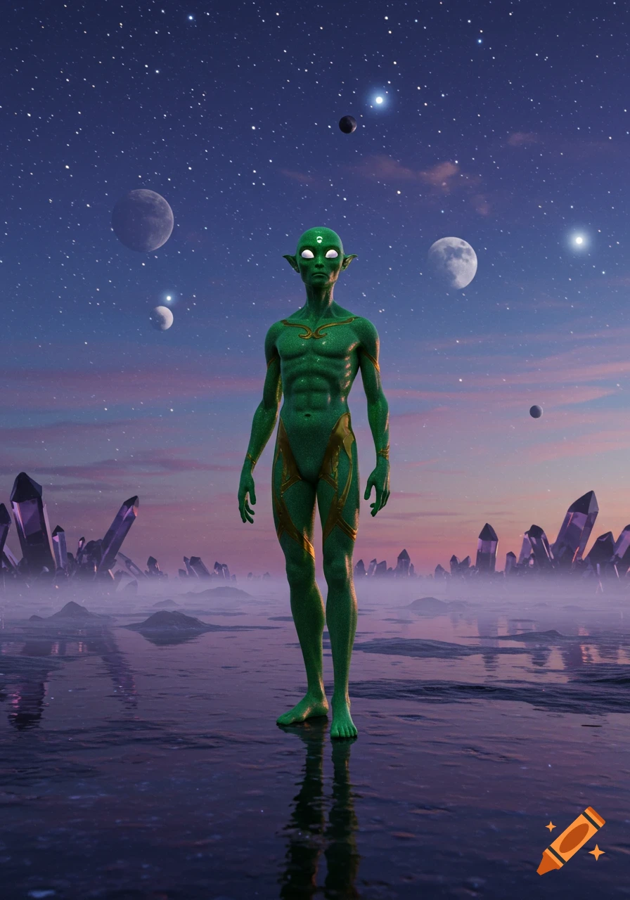 A green-skinned, human-like alien with pointy ears stands on a reflective surface amidst purple crystals under a starry sky with planets.