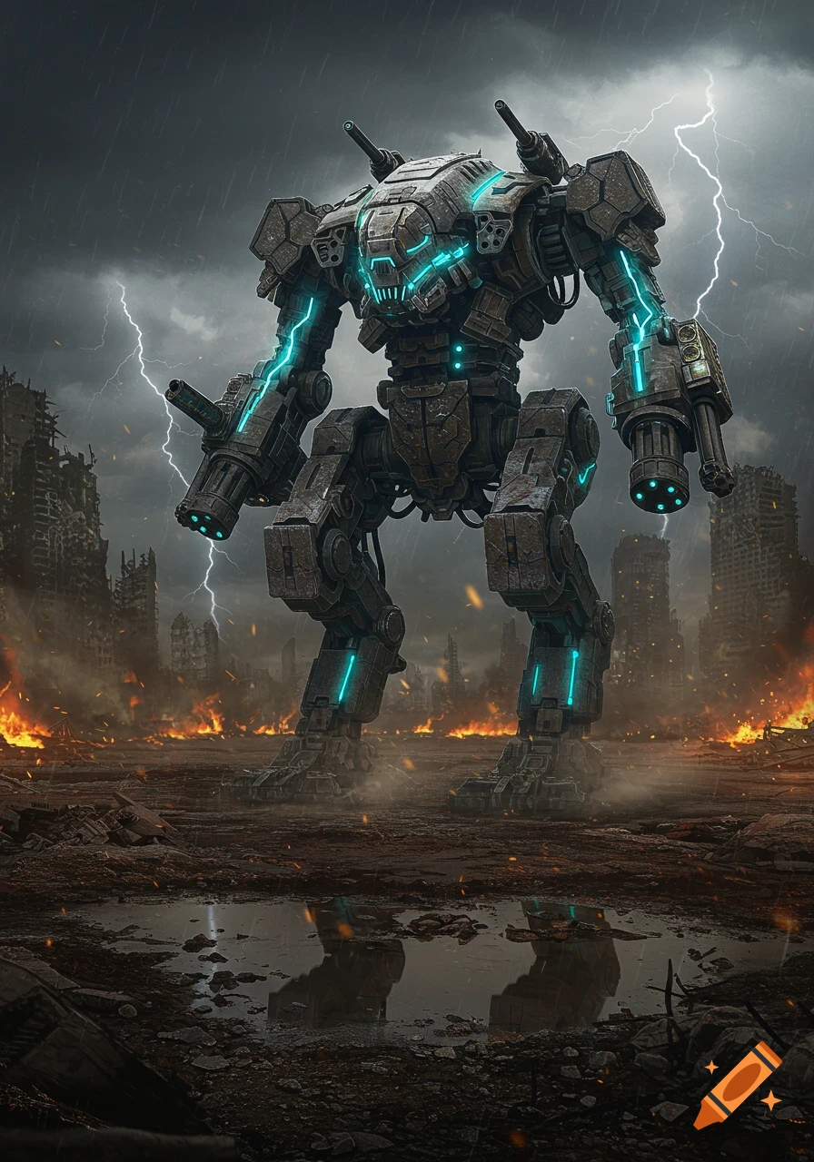 A large, heavily armored robot with glowing blue accents stands in a burning, ruined city under a stormy, lightning-filled sky.