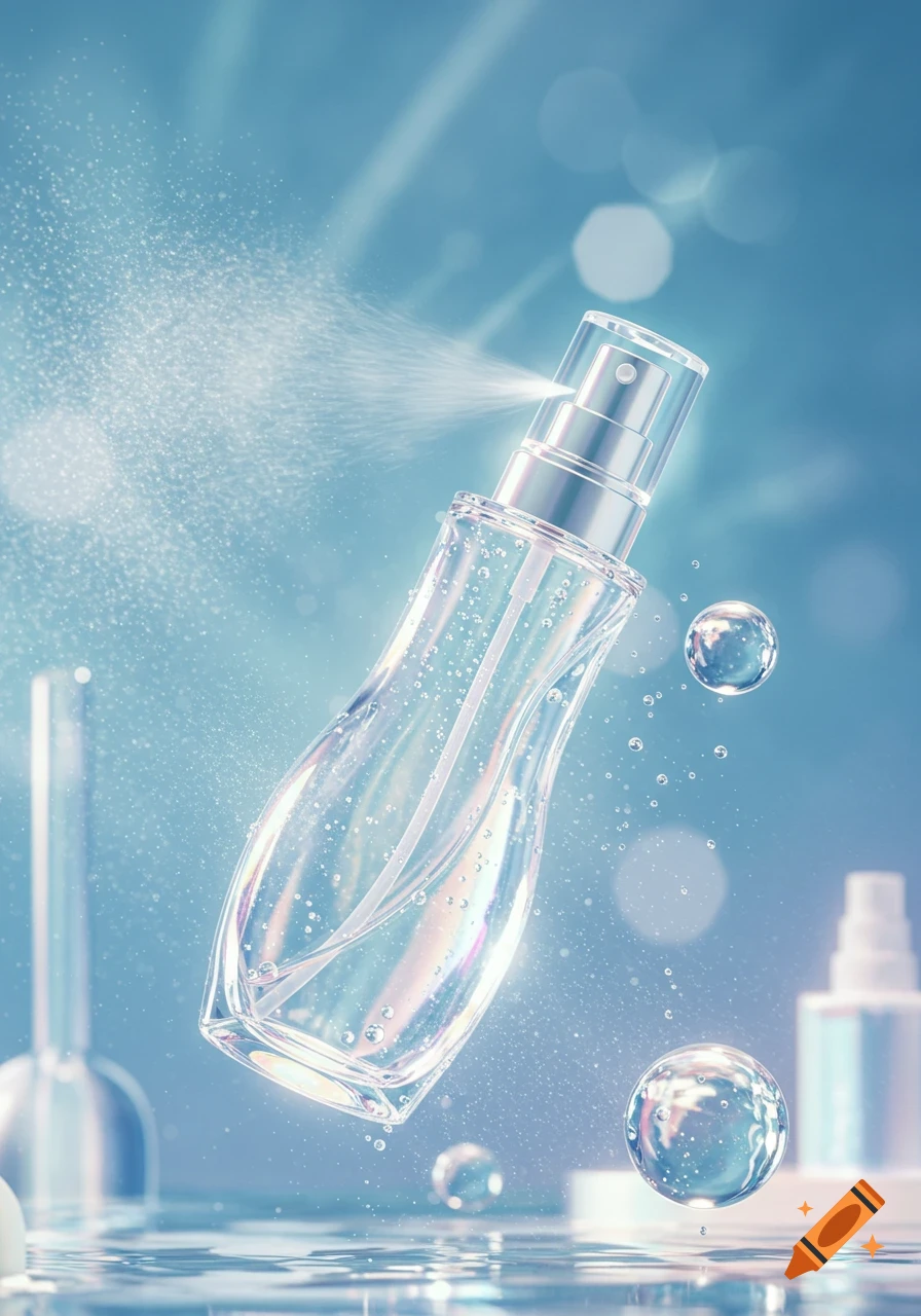 A clear, curvy spray bottle emits a fine mist over a tranquil blue background with water droplets and a reflective surface.