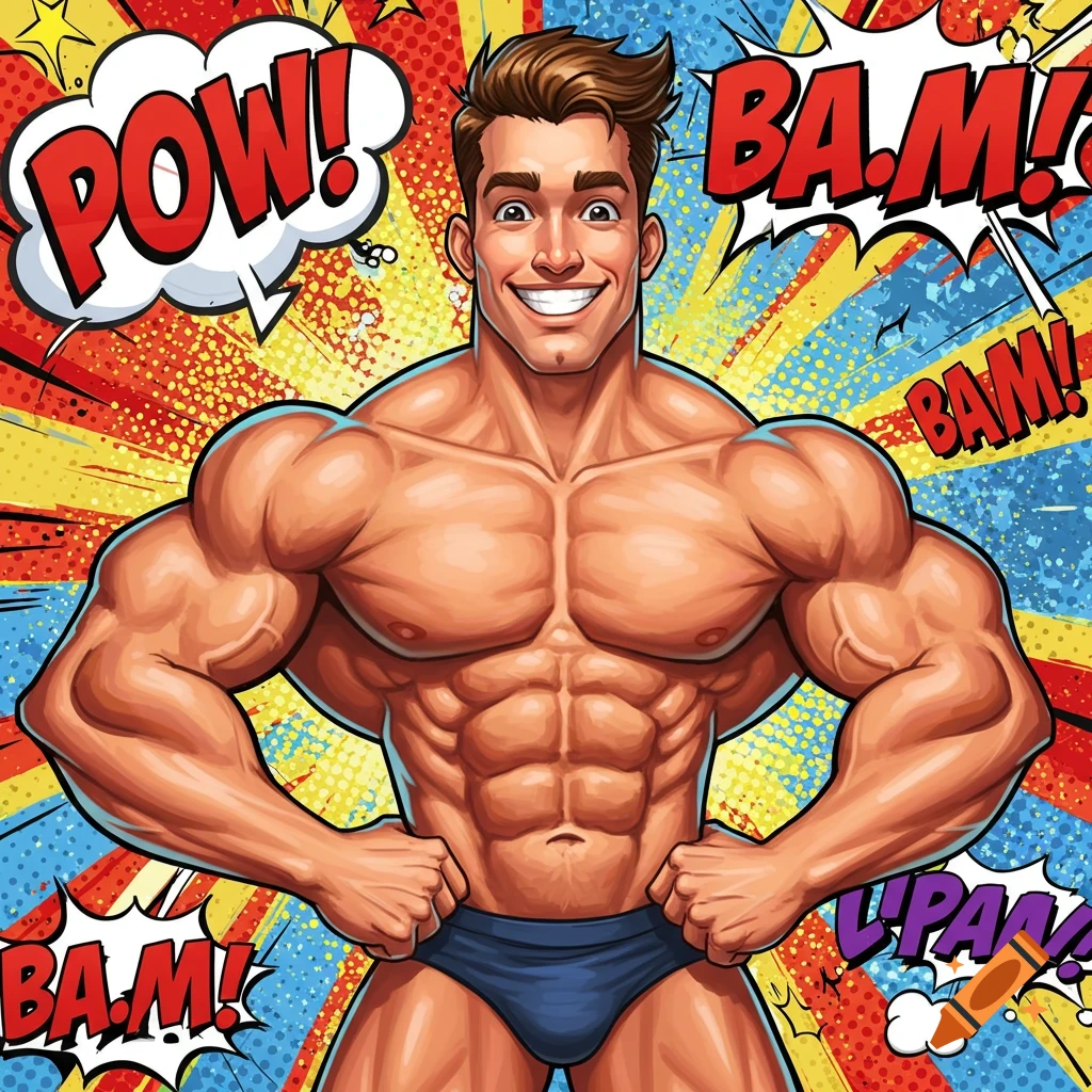 A smiling, muscular man in a speedo, rendered in a colorful comic book art style with 'POW!' and 'BAM!' sound effects.