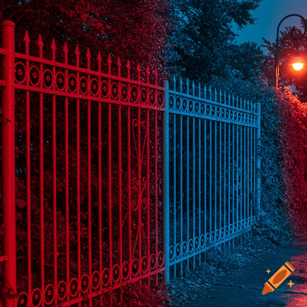 A metal fence, one side illuminated in red light and the other in blue light, with a street lamp at dusk.