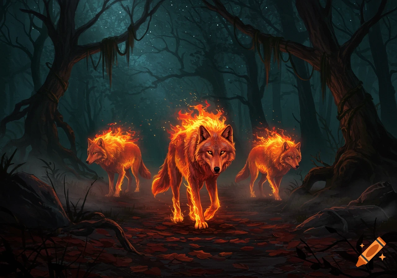 Three glowing fire wolves with fiery manes walk through a dark, mystical forest at night, illuminated by their own light.