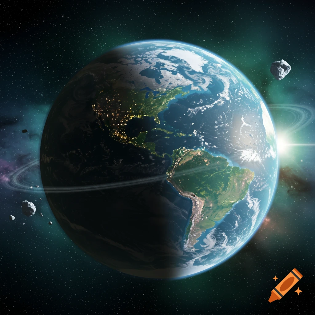 Detailed view of Earth from space, showing North and South America, city lights, atmospheric rings, and asteroids with a sun flare.