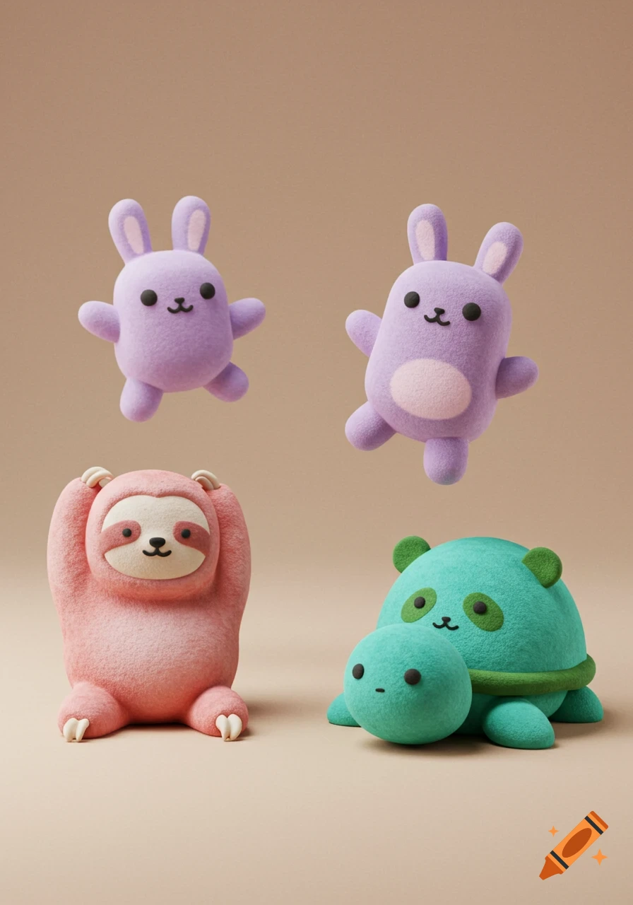 Two purple marshmallow bunnies float above a pink sloth and a teal turtle with a panda shell, all with cute faces in a 3D render.