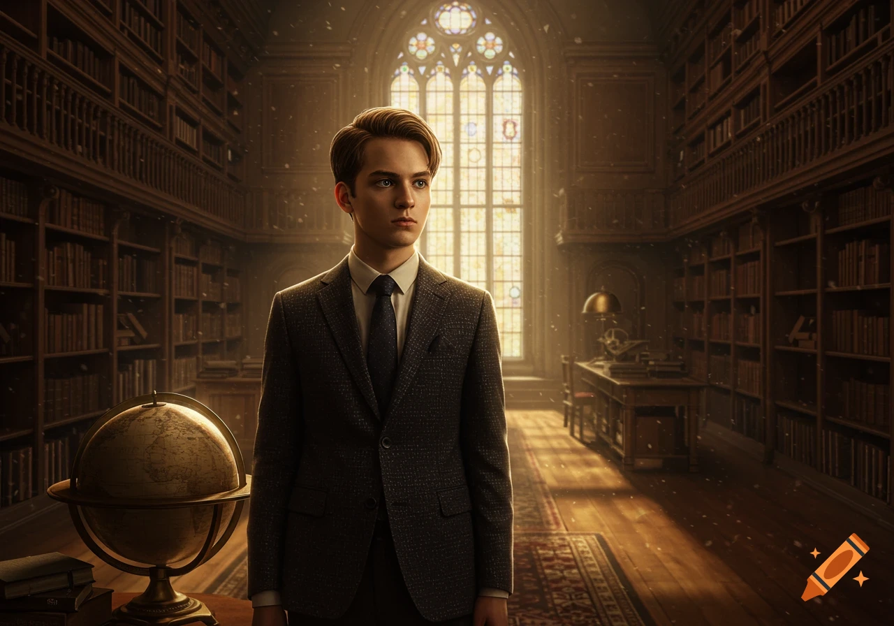 A young man in a suit stands in a grand, richly detailed library with a stained-glass window and bookshelves, a globe in the foreground.