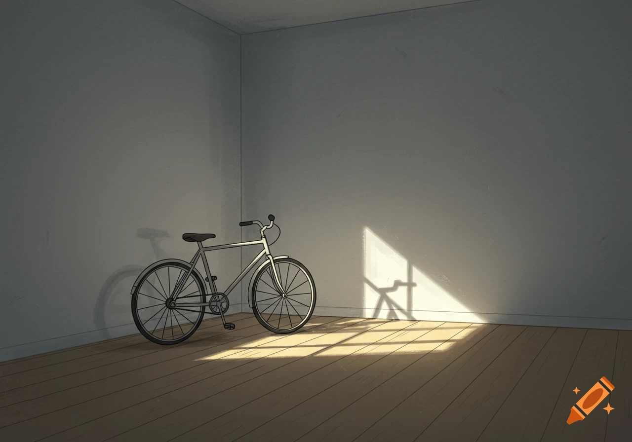 An illustration of a silver bicycle standing in an empty room with light wood floors and sunlight streaming through a window.