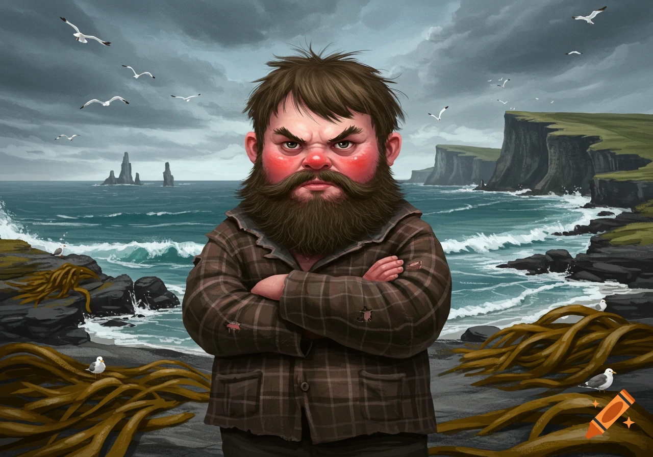 A cartoon illustration of an angry, bearded man with red cheeks and a plaid jacket standing on a rocky beach with crashing waves and sea stacks under a stormy sky.