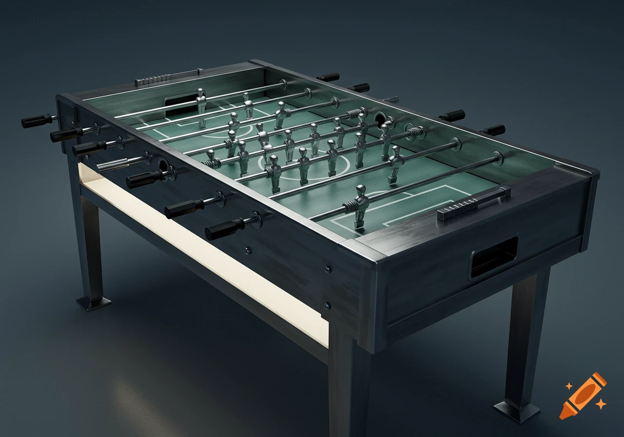 A sleek, modern foosball table with a metal frame and a glass top on a dark background.