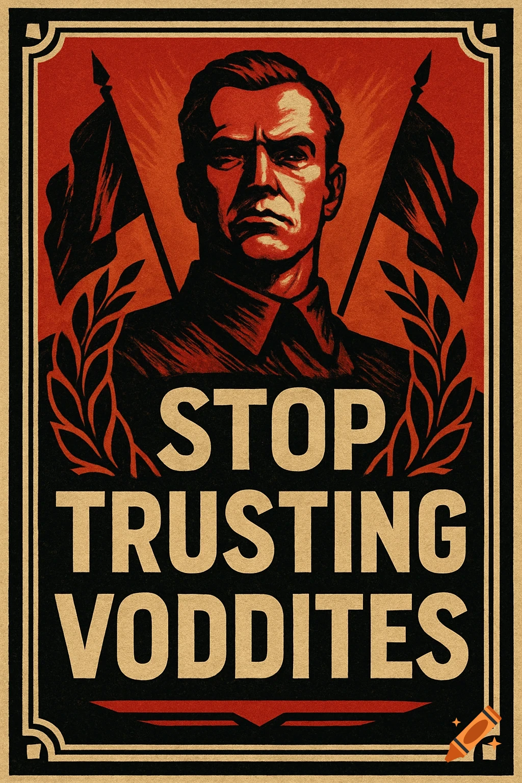 A vintage propaganda poster featuring a stern man, flags, and the text 'STOP TRUSTING VODDITES'.