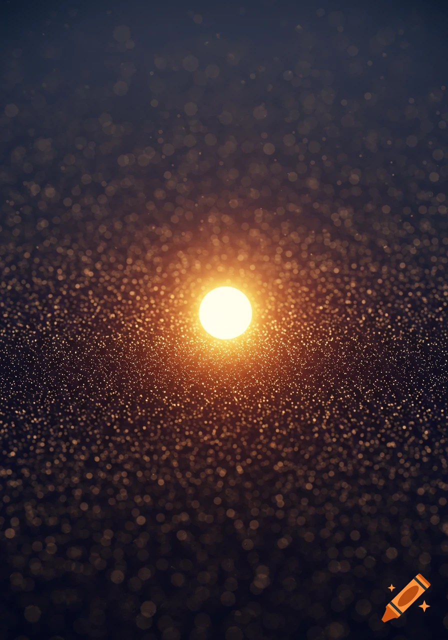 A bright glowing light surrounded by numerous bokeh-like dots against a dark, blurry background.