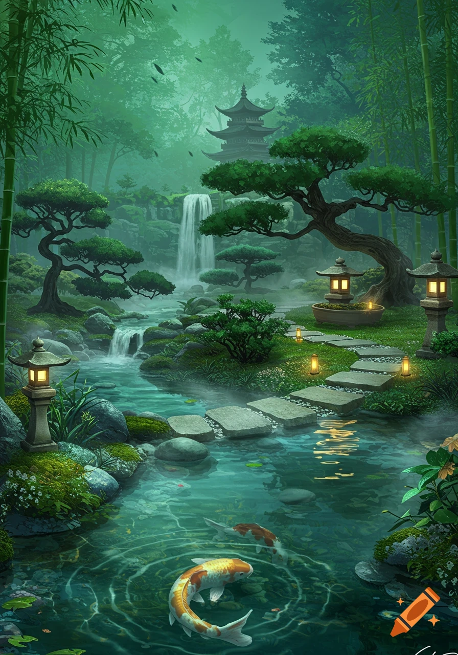 Lush Japanese garden with a pagoda, waterfall, winding stream, stepping stones, glowing lanterns, and koi fish. Green trees and bamboo.
