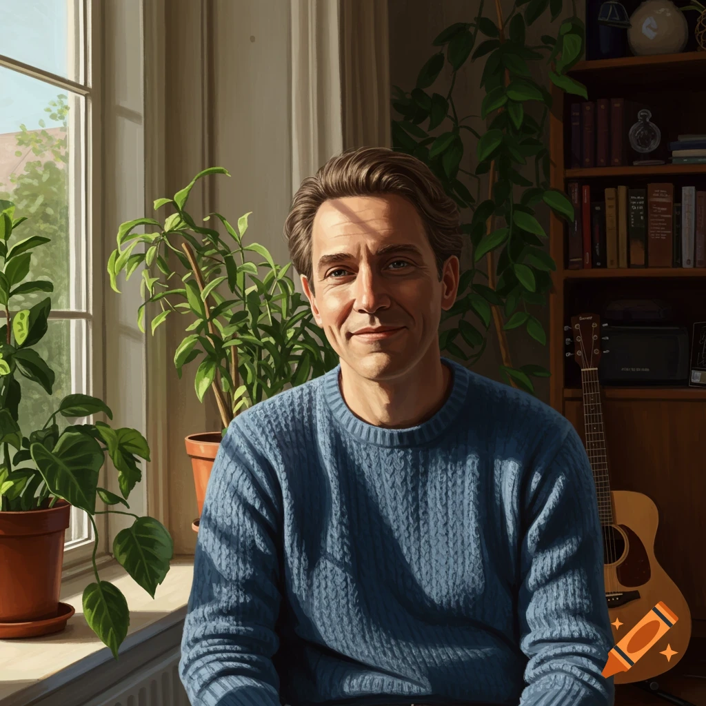 A man in a blue sweater sits by a sunlit window with potted plants, smiling at the camera. A bookshelf and guitar are in the background.