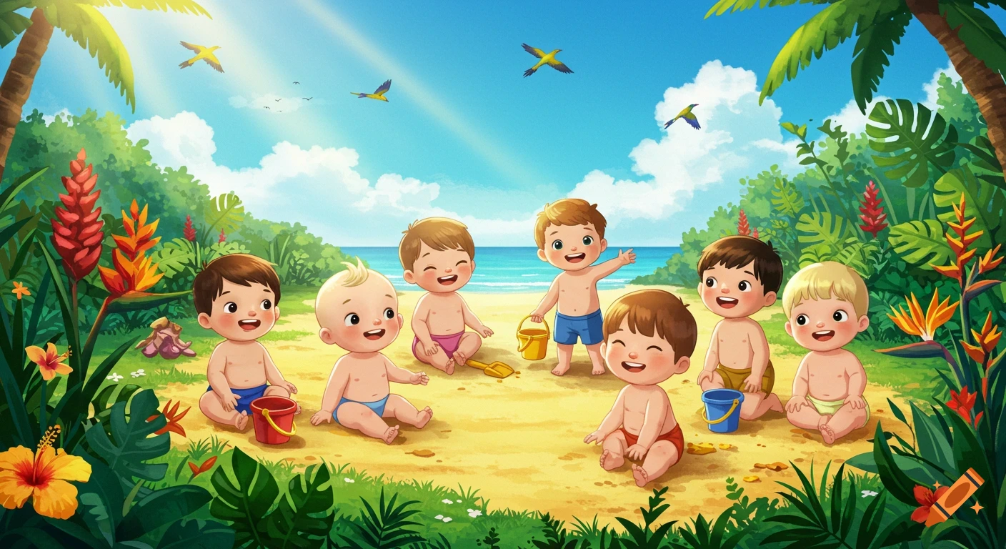 Cartoon smiling babies playing on a tropical beach with palm trees, exotic flowers, and colorful birds flying.