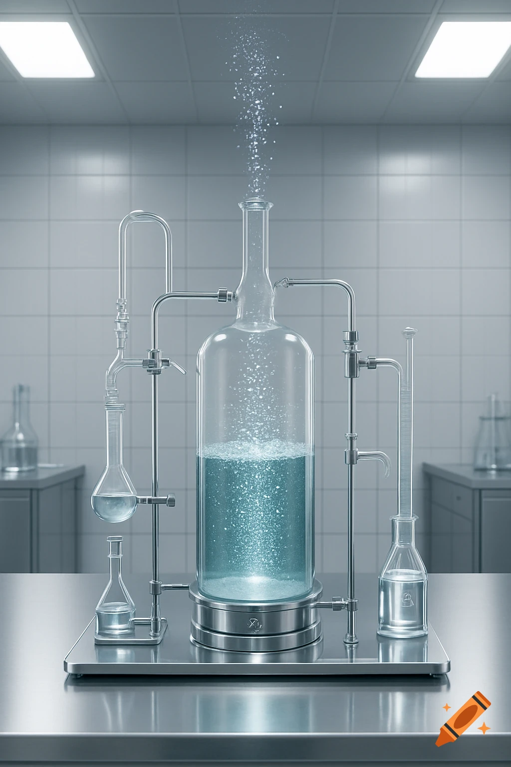 Photorealistic science experiment with glass beakers, tubes, and bubbling blue liquid in a clean laboratory.
