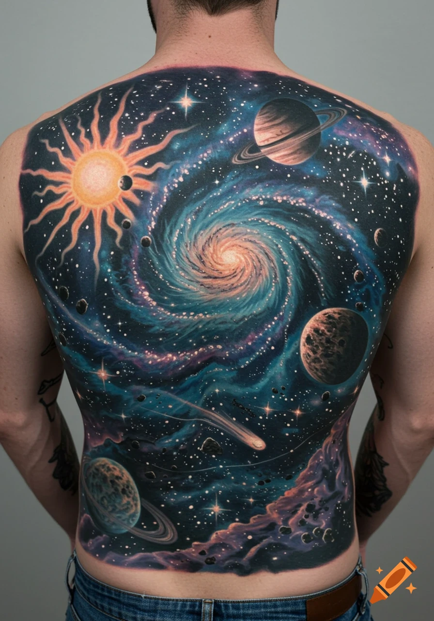A person's full back is covered with a vibrant tattoo of a galaxy, featuring a swirling cosmic center, planets, stars, and a radiant sun.