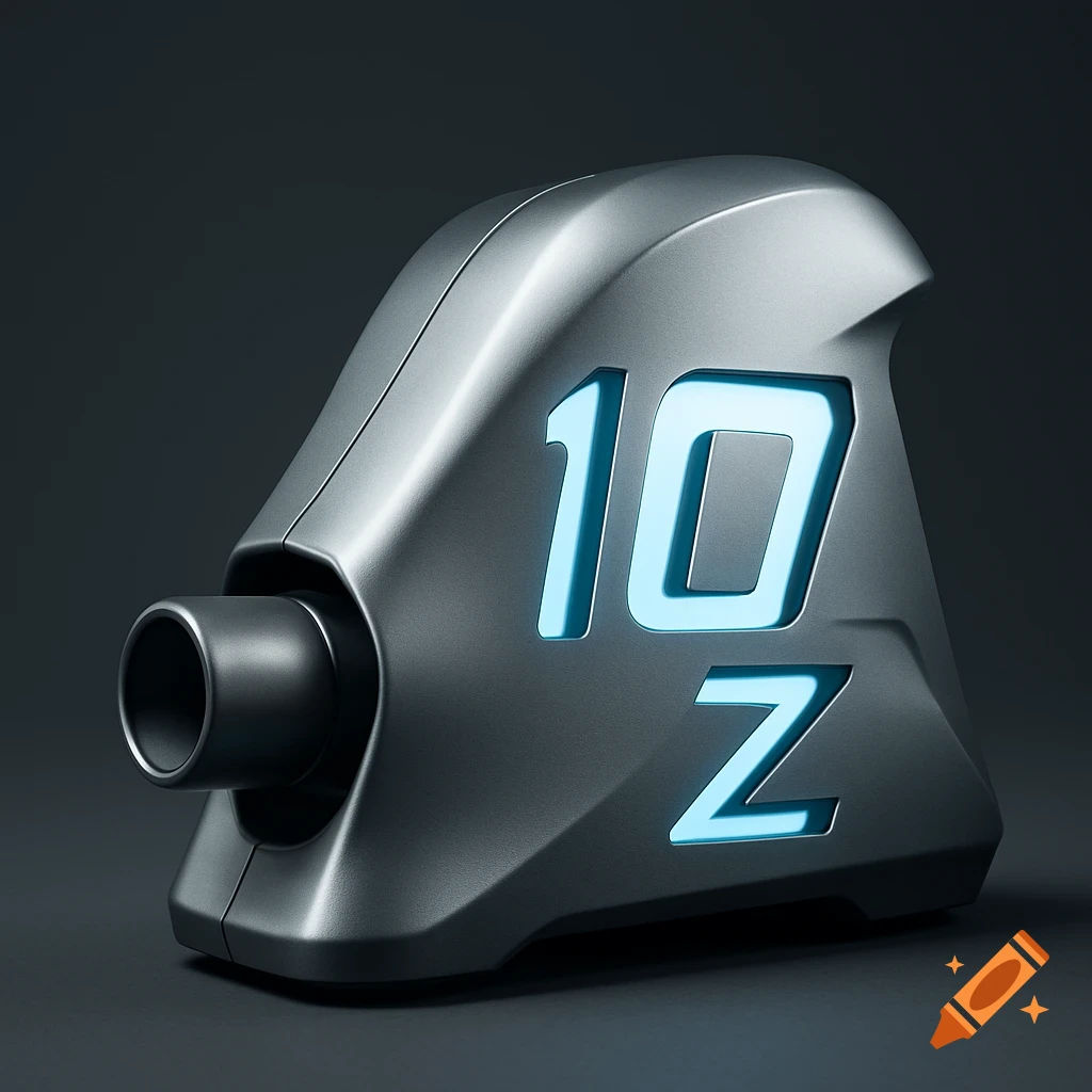 A close-up of a futuristic silver-grey cricket machine with glowing blue numbers "10" and the letter "Z" embedded on its side, a dark cylindrical nozzle protruding from the front.