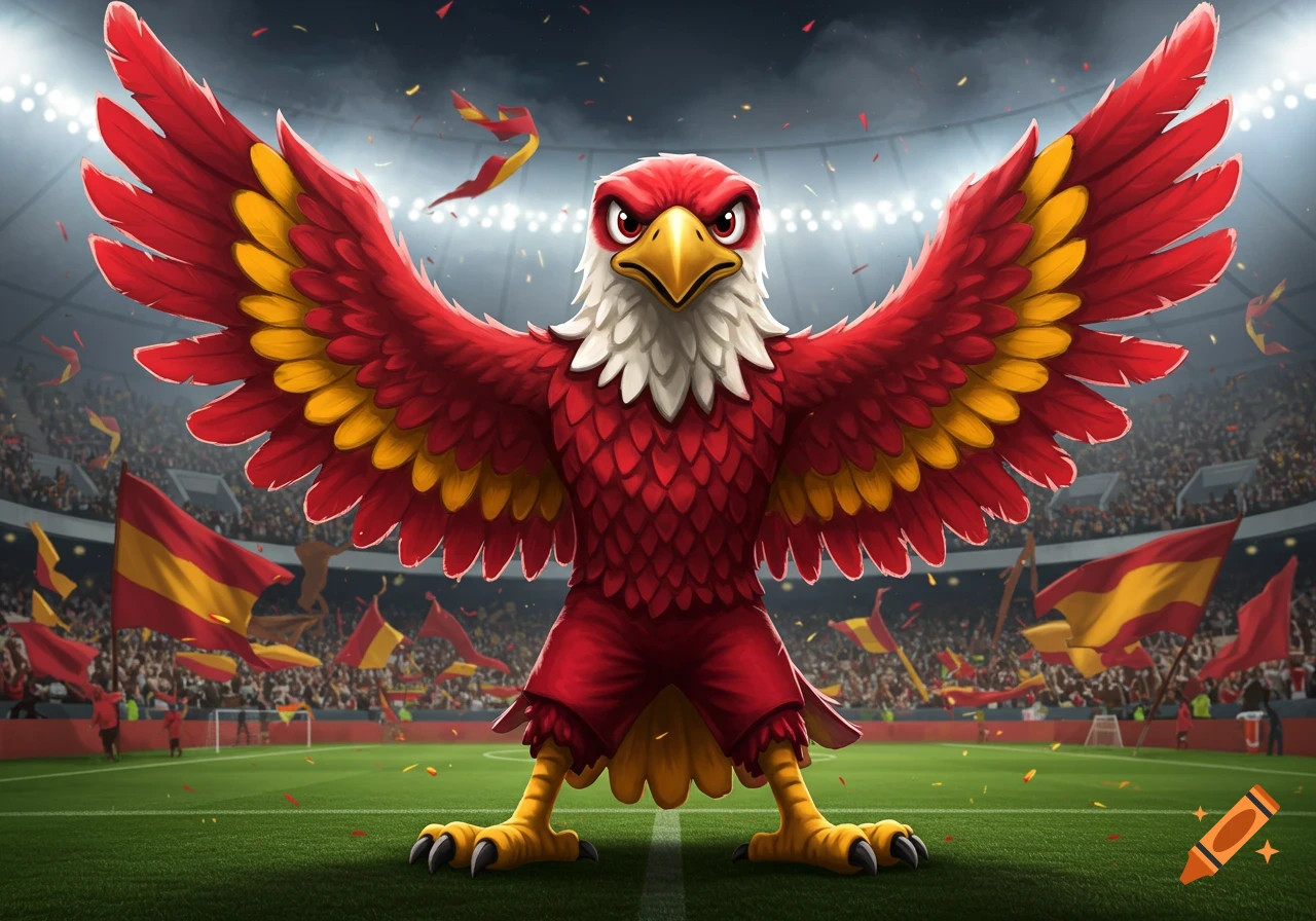 Cartoonish red and yellow eagle mascot with spread wings stands on a football field in a crowded stadium.