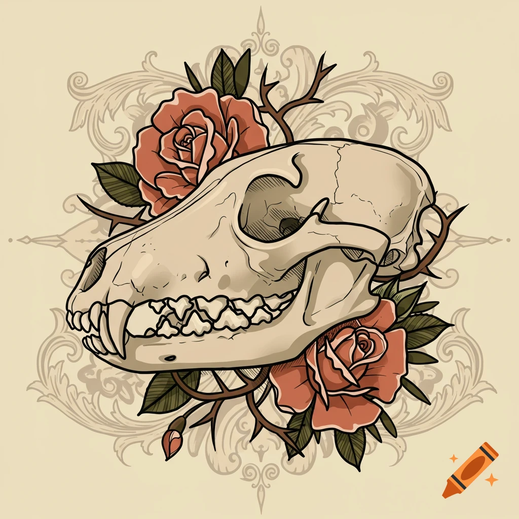 A stylized American traditional tattoo design featuring a coyote skull adorned with red roses and thorny branches on a cream background.
