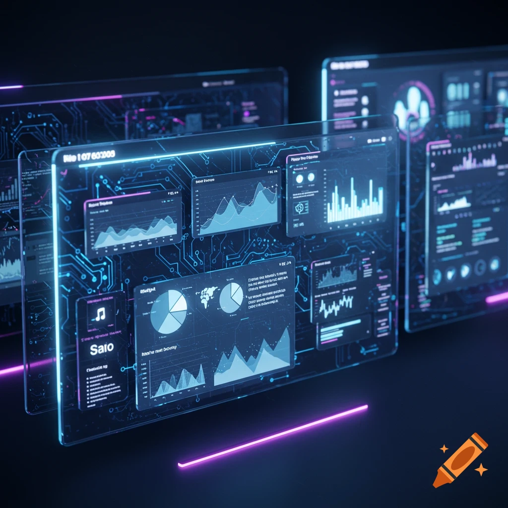 Multiple glowing blue and pink holographic screens display various data visualizations and circuit patterns in a dark, futuristic setting.