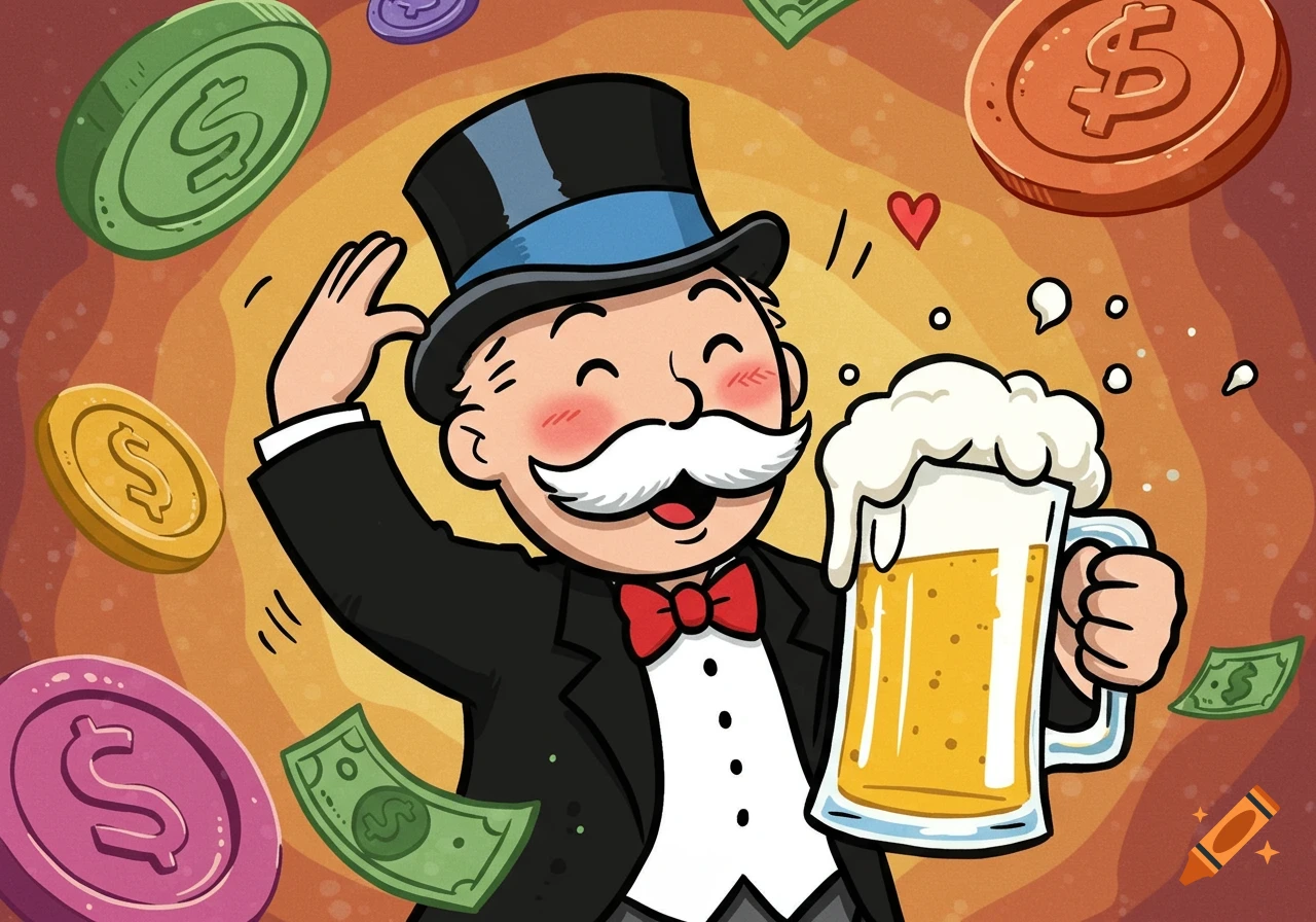 Cartoon rich man in a top hat, mustache, and tuxedo, smiling happily and holding a frothy mug of beer, surrounded by floating money.
