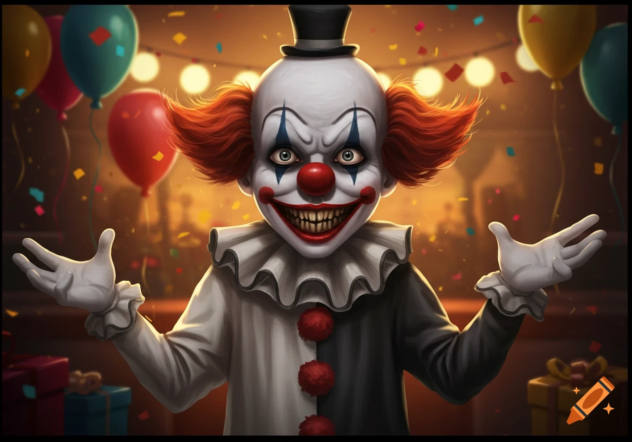 A creepy clown with a white face, red nose, sharp teeth, and spiky red hair, wearing a black and white ruffled outfit and a top hat, stands in a party setting with balloons and confetti.