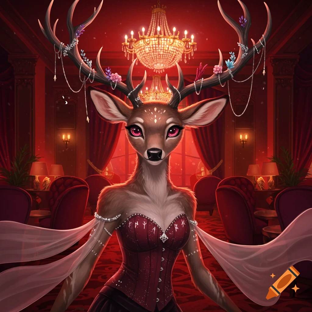 A stylized anthropomorphic deer character with large jeweled antlers, wearing a red corset and small crown, stands in a luxurious red room.