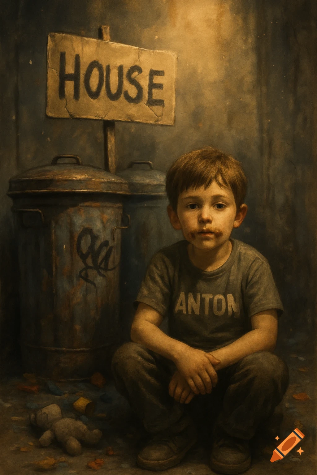 A sad boy with dirty mouth, wearing an 'ANTON' shirt, squats near trash cans and a 'HOUSE' sign in a dark, painterly style.