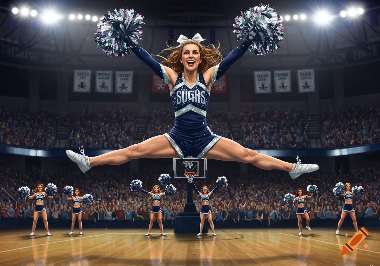A cheerleader performs a high jump split, holding pom-poms, in a crowded sports arena with other cheerleaders on the court.