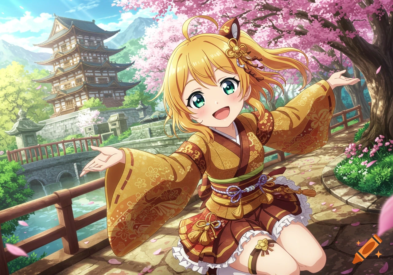 An anime girl in a golden kimono smiles brightly, posing in a beautiful Japanese garden with a pagoda, cherry blossoms, and a river.