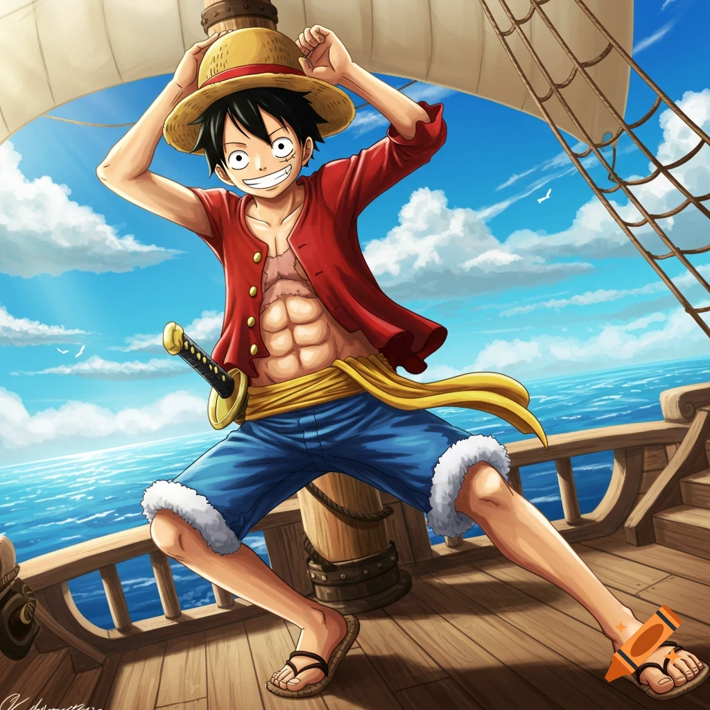 Luffy from One Piece smiling broadly on a ship deck, wearing a red shirt, blue shorts, and a straw hat.
