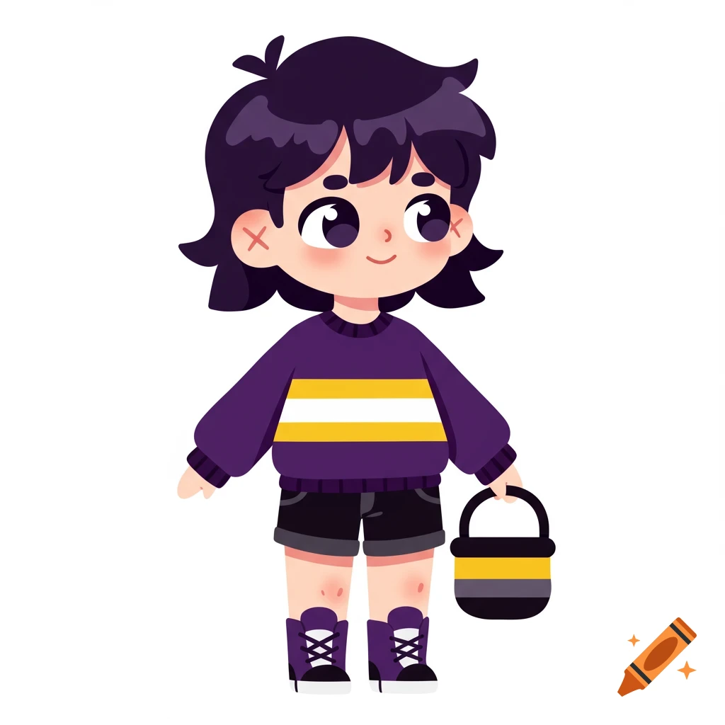 Cute graphic art of a short-haired person in a purple, yellow, and white striped sweater, holding a matching bucket.