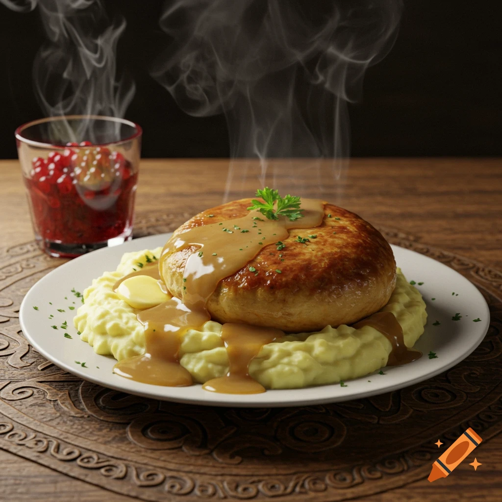 Photorealistic image of a steaming, browned patty covered in gravy, on mashed potatoes with butter and parsley, next to lingonberry sauce.