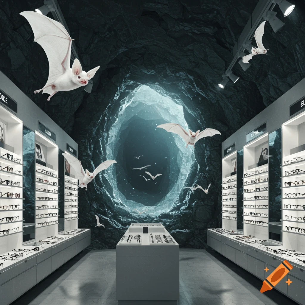 White bats fly through a surreal eye care store with shelves of glasses, set against a glowing cave entrance.