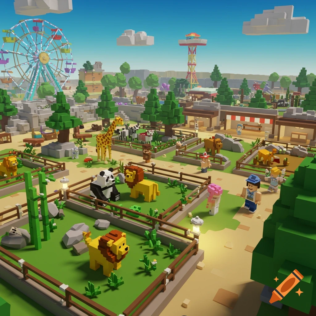 A vibrant voxel art zoo scene with various animals, visitors, fences, and a large Ferris wheel under a blue sky.
