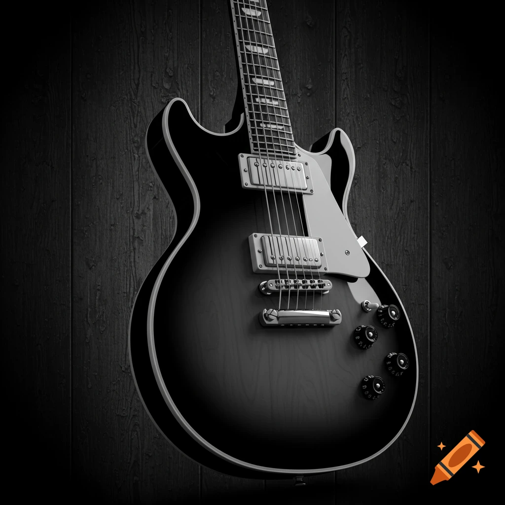 A black and white close-up of an electric guitar against a dark wooden background.