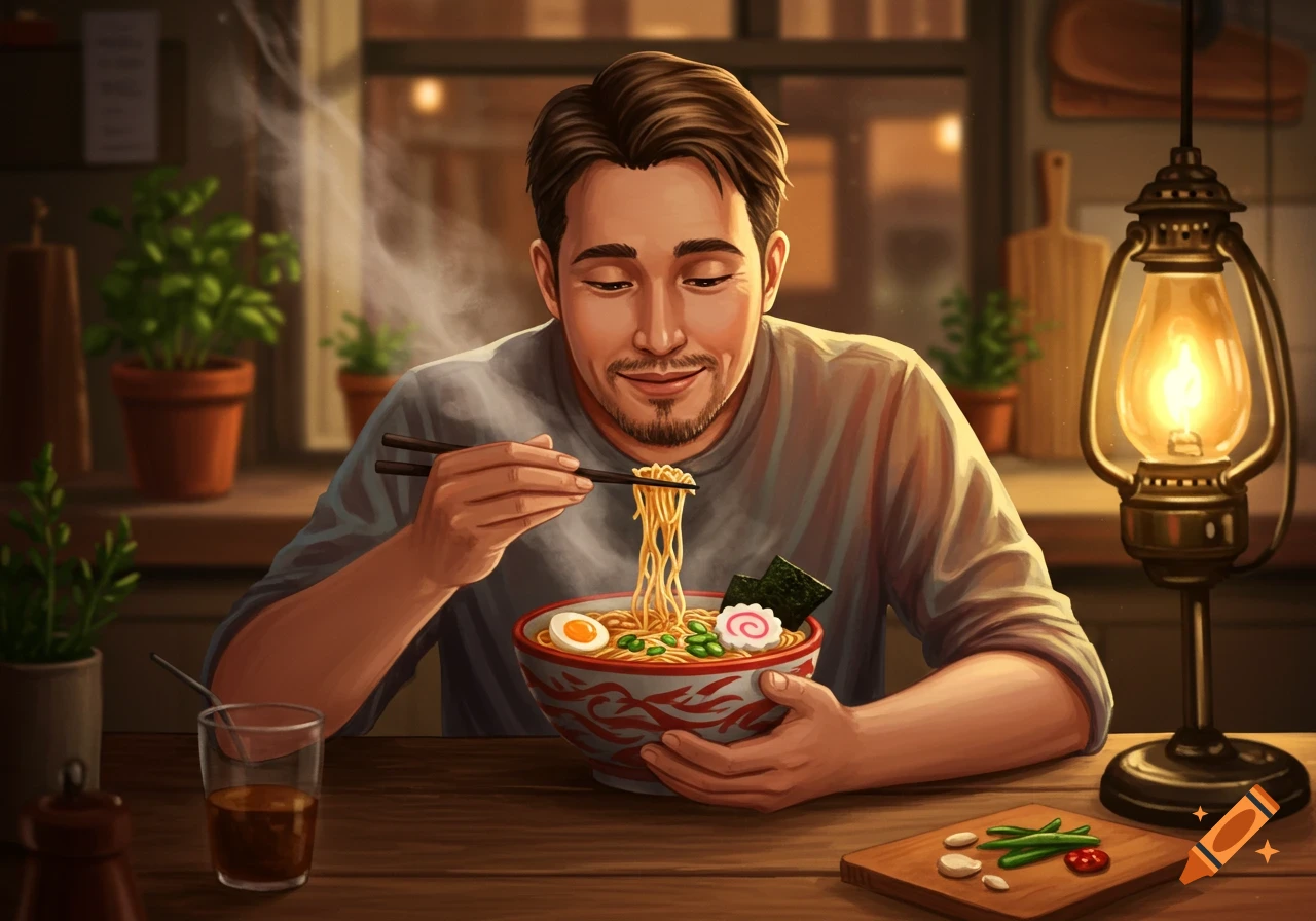 A man with a beard smiles happily while eating a steaming bowl of ramen with chopsticks at a wooden table.