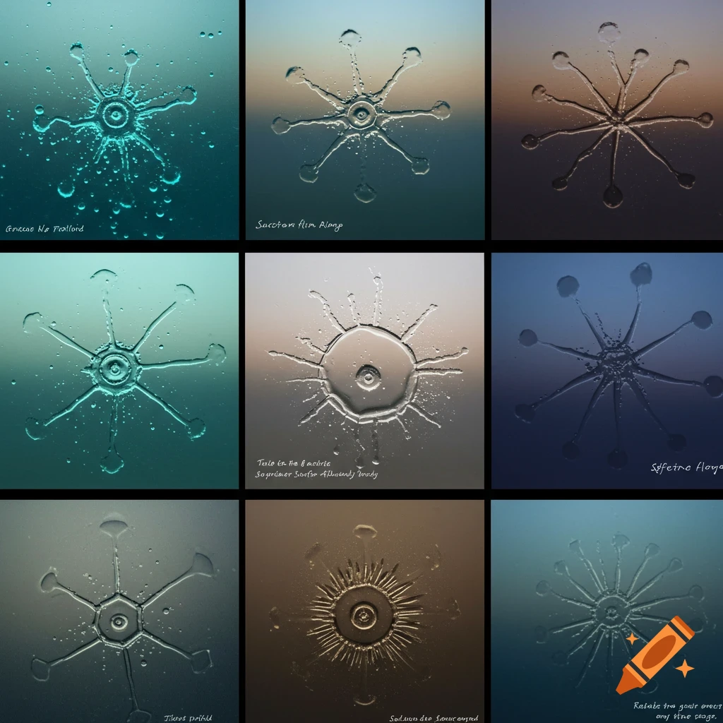A grid of nine close-up panels shows intricate star-like patterns formed by water droplets on a surface, with varied backgrounds and textures.