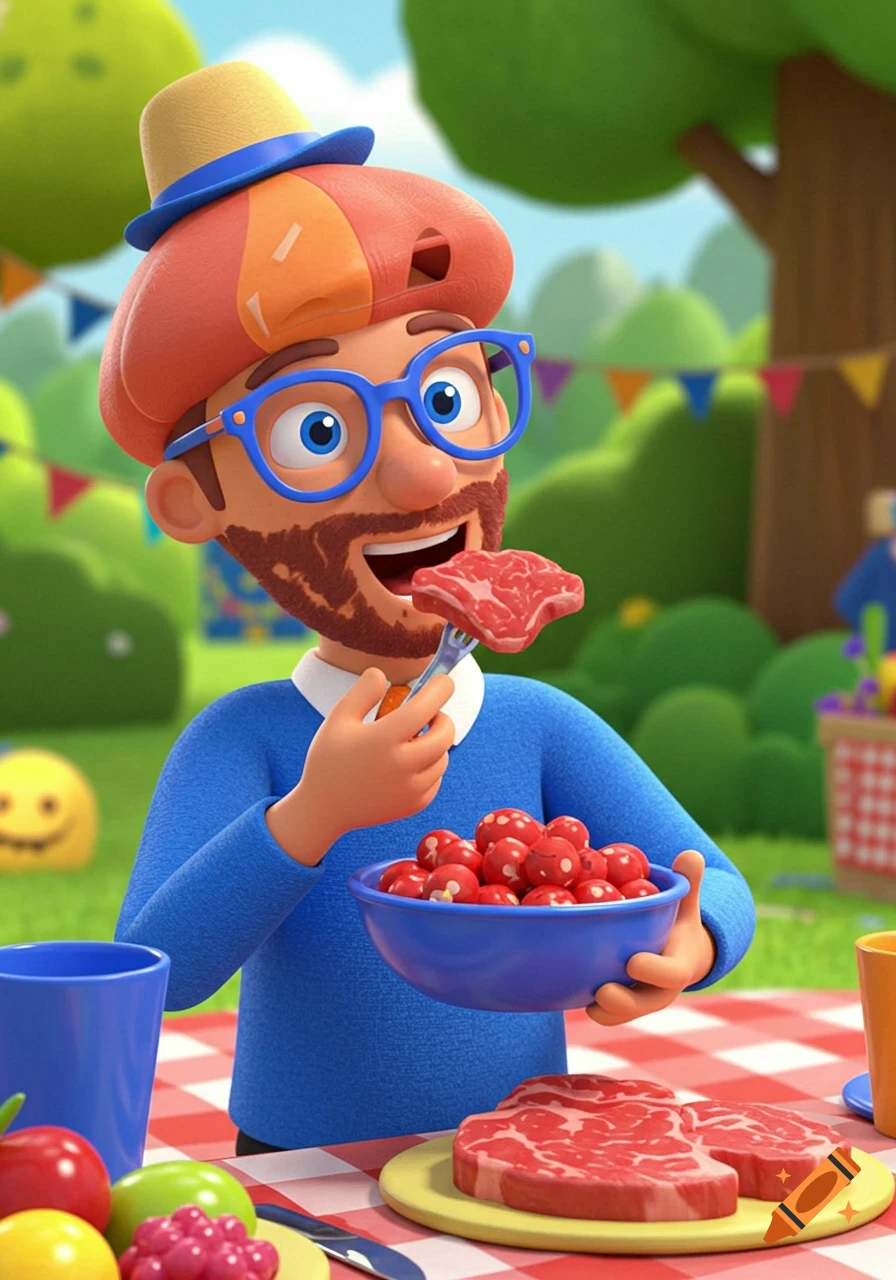 A stylized cartoon man resembling Blippi, with blue glasses and a beard, eats a piece of red meat with a fork at an outdoor picnic. He holds a blue bowl filled with red berries, and more red meat is on the table.