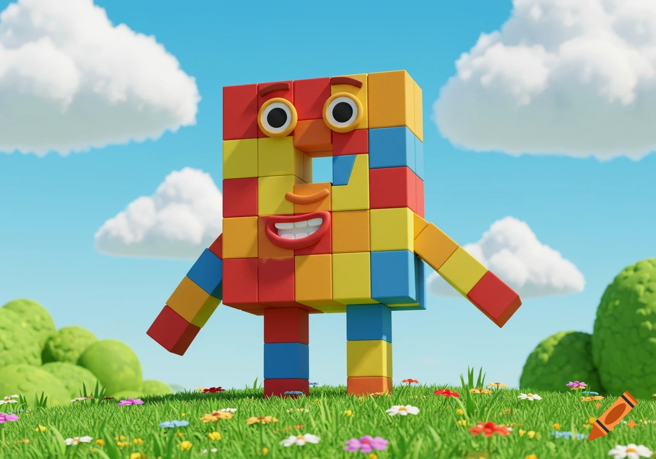 A number block character made of red, yellow, and blue blocks with a smiling face, arms, and legs, stands in a green field with flowers under a blue sky.