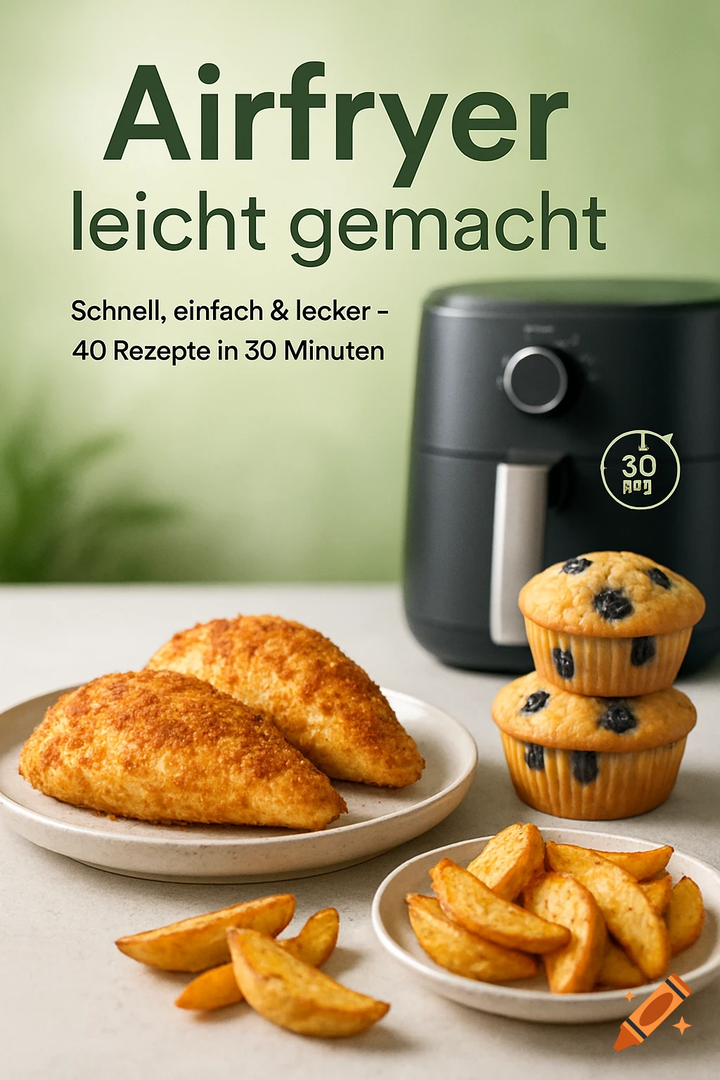 Photorealistic airfryer cookbook cover with crispy chicken, blueberry muffins, potato wedges, and a blurred airfryer. Text: Airfryer leicht gemacht.