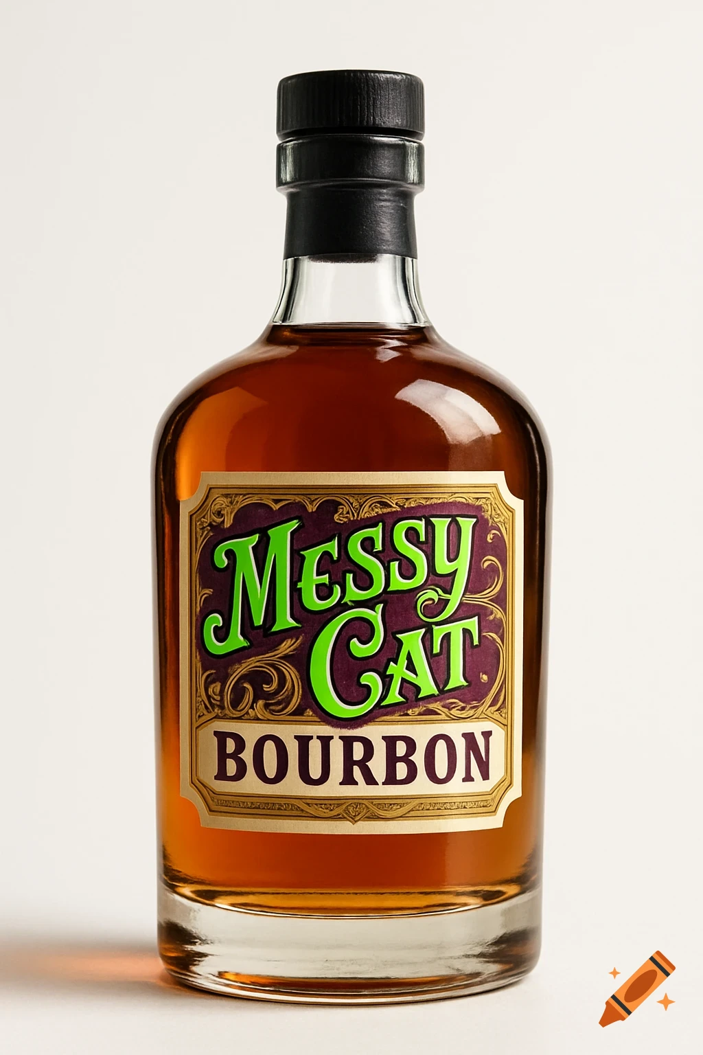 A photorealistic bourbon bottle with a green and purple label reading 'Messy Cat Bourbon' on a white background.
