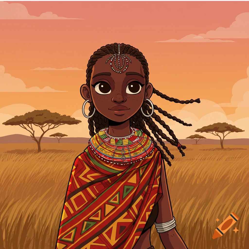 2D cartoon of a young Kenyan woman with braided hair, traditional colorful beaded jewelry, and patterned fabric, standing in a savanna at sunset.