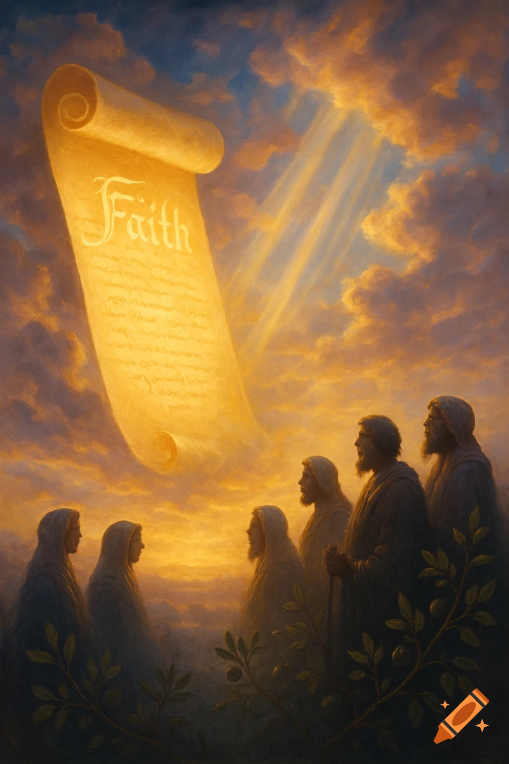 Robed figures look up at a glowing scroll inscribed with 'Faith' descending from a dramatic, cloud-filled sky.
