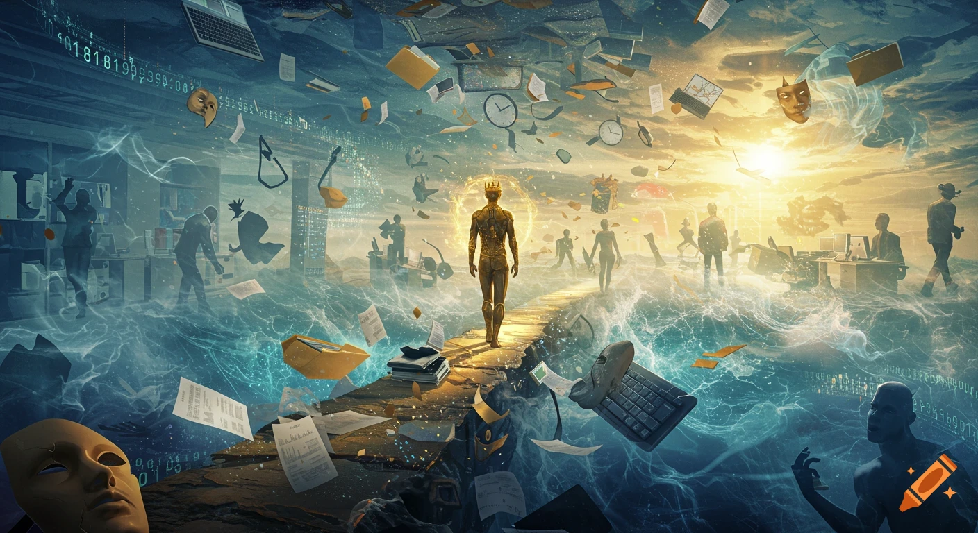 A golden, crowned figure walks a path of office items over turbulent waves and data streams, surrounded by silhouetted figures and masks, under a vibrant sky. Surreal digital art.