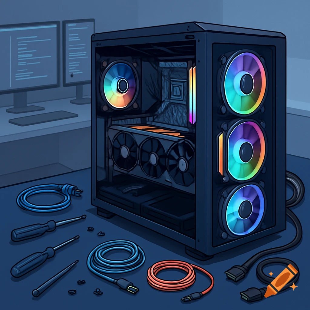 A stylized illustration of an open desktop computer case with RGB fans, a GPU, and various tools and cables on a desk. Monitors are in the background.