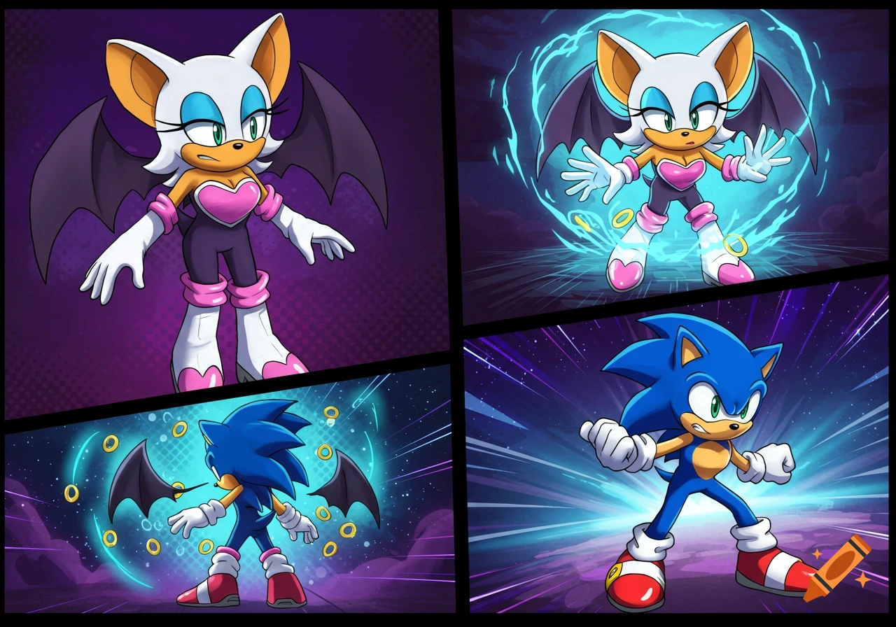 A four-panel comic showing Rouge the Bat transforming into Sonic the Hedgehog, with rings and energy effects.