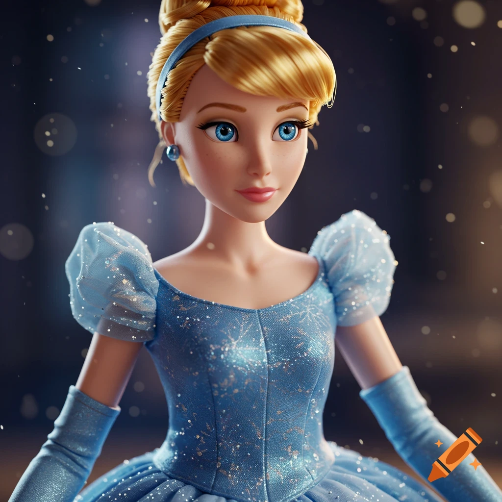 Close-up of a blonde Cinderella doll with blue eyes, wearing a sparkly blue gown and gloves against a bokeh background.