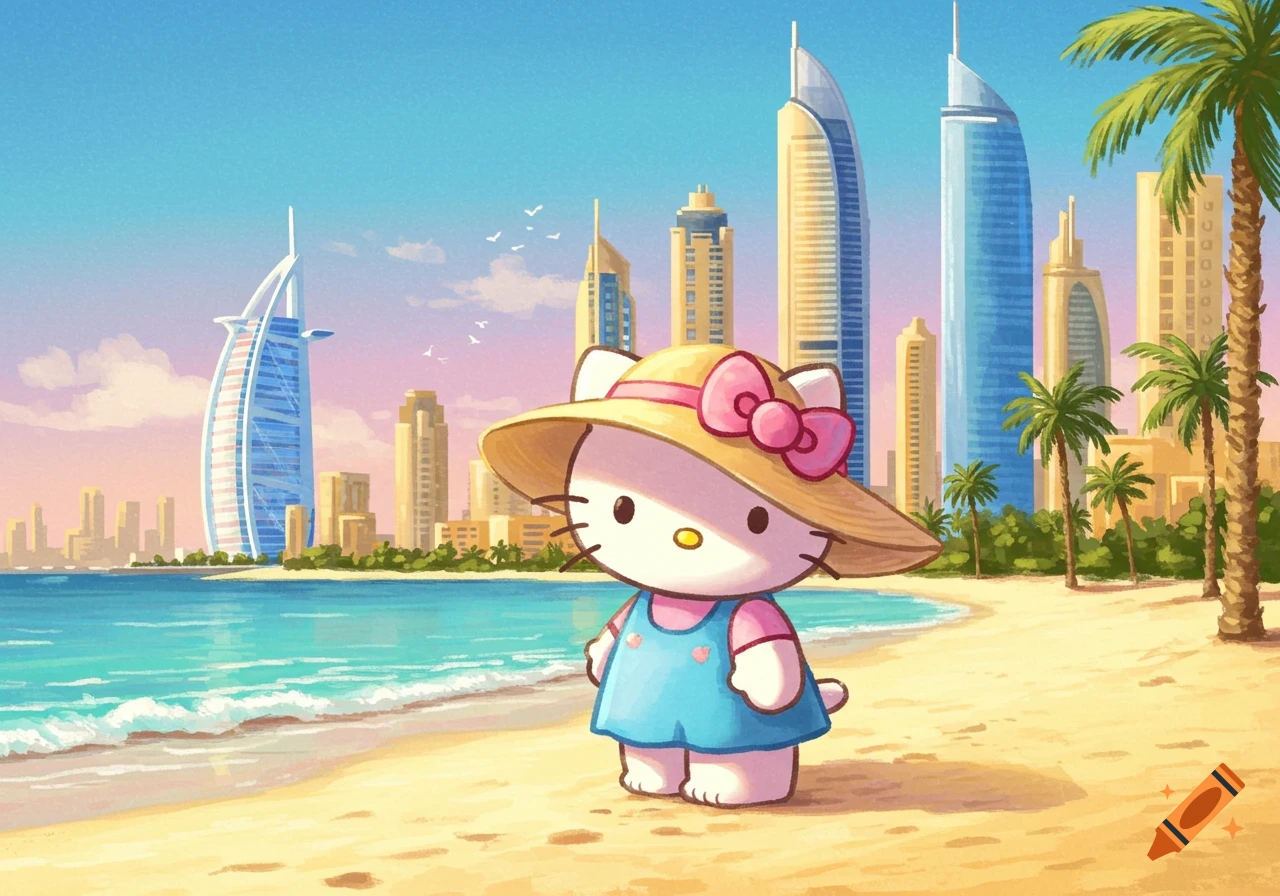 Vibrant cartoon of Hello Kitty in a straw hat and blue dress on a sandy beach, with Dubai's distinctive cityscape in the background.
