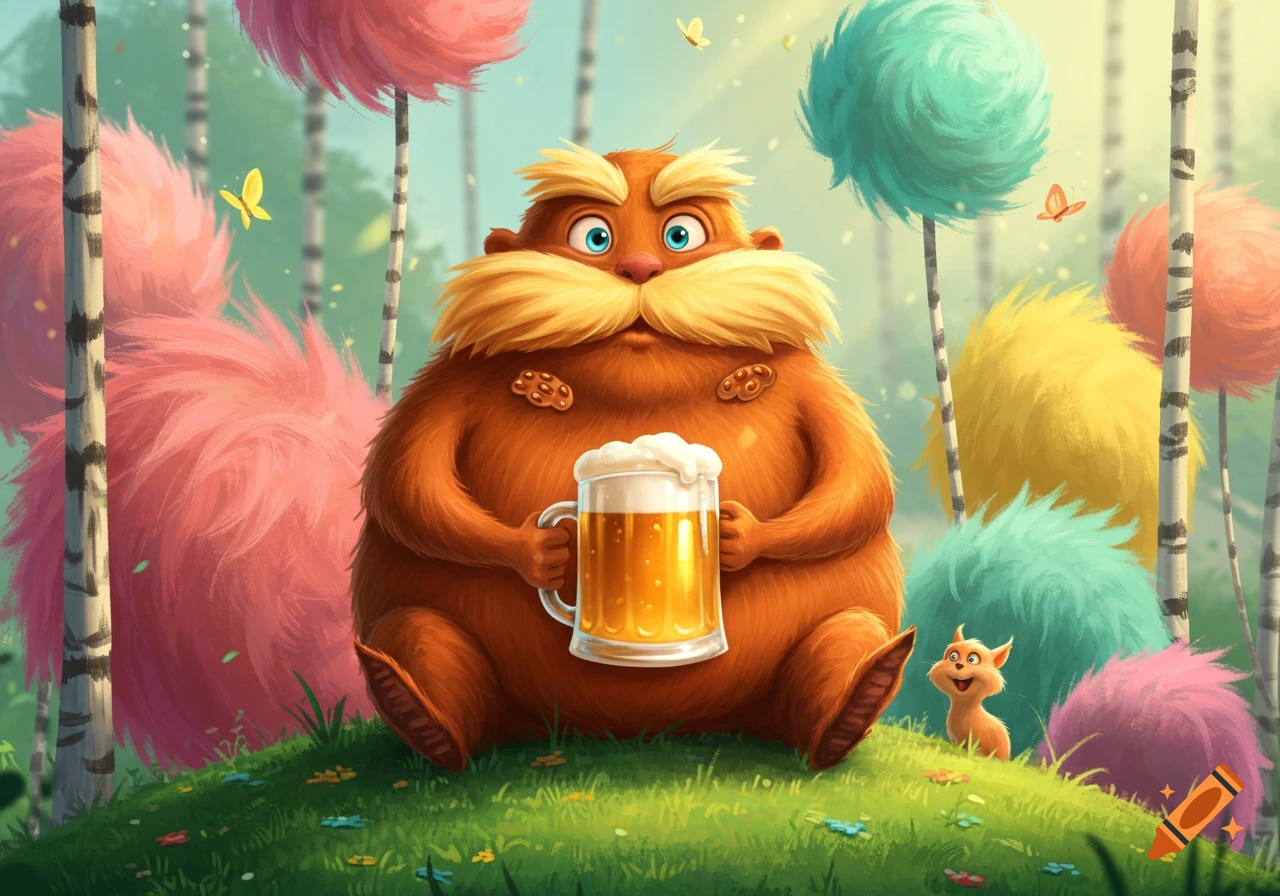 A plump, orange, furry creature with a large mustache, resembling the Lorax, sits on green grass in a whimsical forest, holding a mug of foamy beer. Colorful, fluffy trees and butterflies surround him.