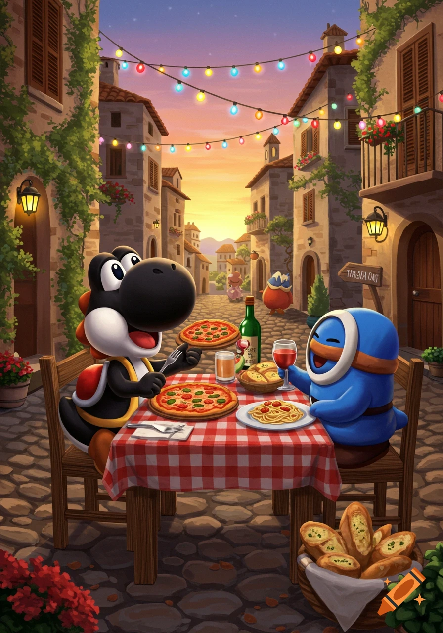 Black Yoshi and blue Shy Guy share pizza and pasta at an outdoor cafe on an Italian street decorated with string lights at sunset, cartoon art.